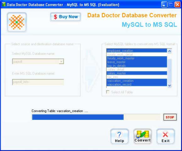 MySQL to MSSQL converter software converts entire database or individual table