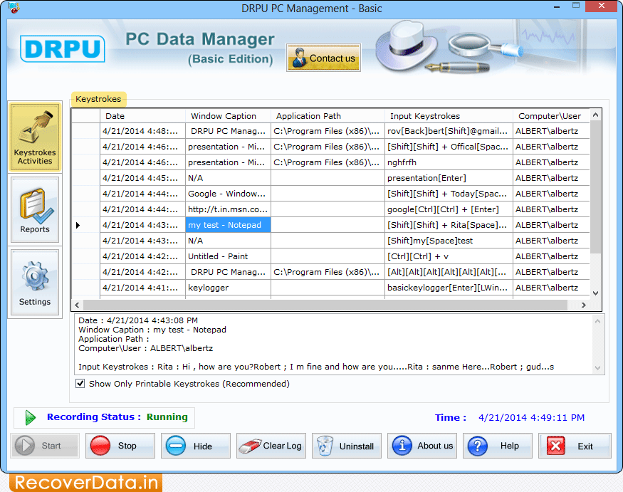 Keylogger Software Screenshots