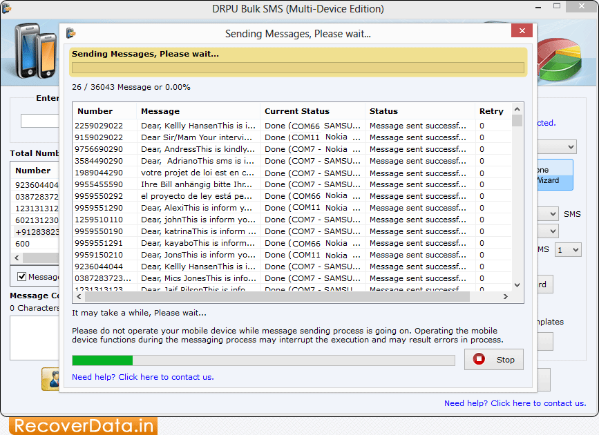 Bulk SMS (MultiDevice Edition) Screenshots shows how to send bulk text