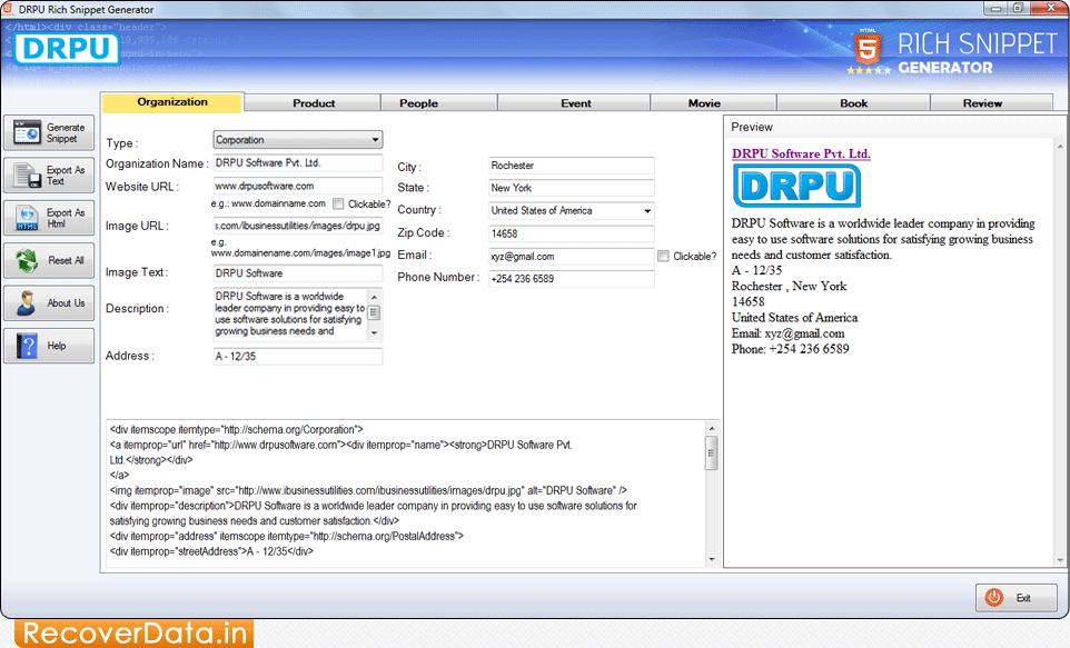 Click on 'Organization' tab Rich Snippet Generator Screenshots