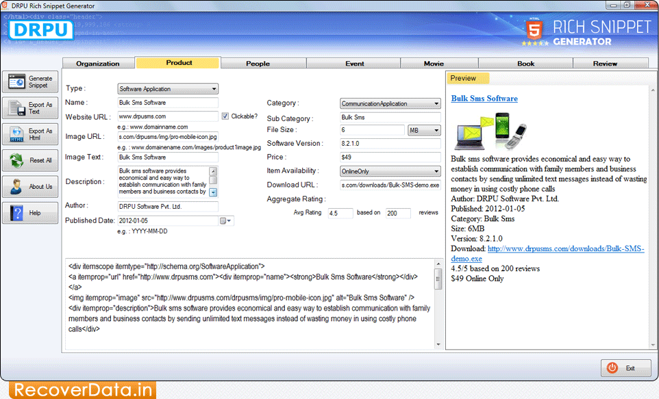 Generate Microdata code for product Rich Snippet Generator Screenshots