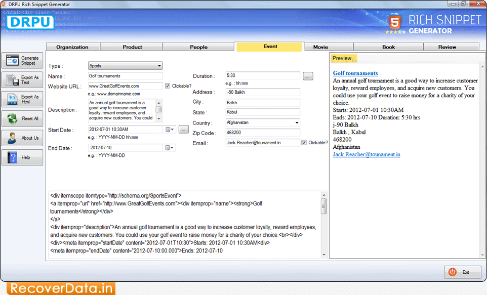 Click 'Event' tab Rich Snippet Generator Screenshots