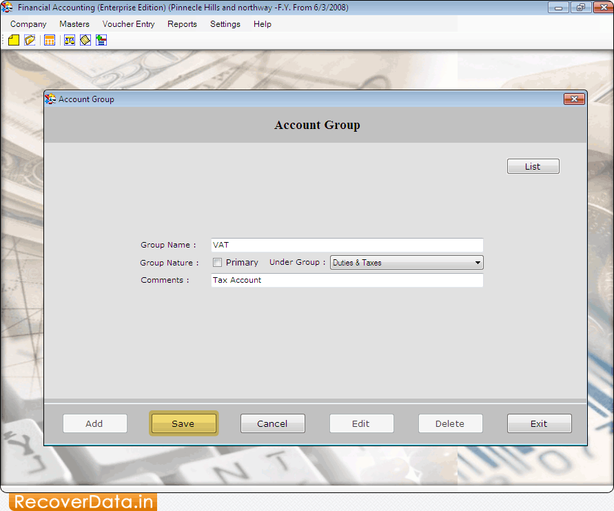 Enter Account Group Details Accounting Software (Enterprise Edition) Screenshots