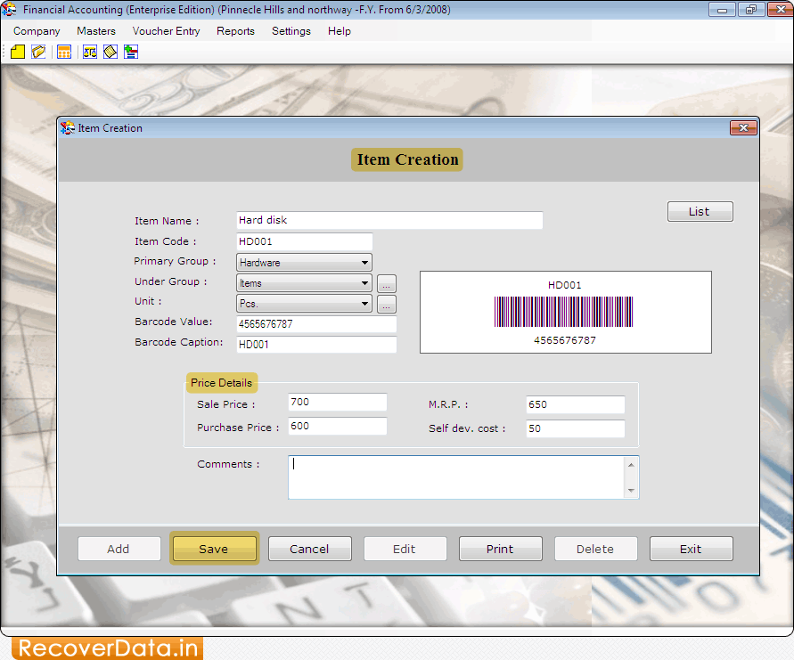 Enter Item & Price Details Accounting Software (Enterprise Edition) Screenshots
