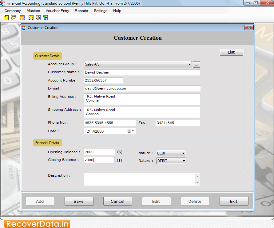 Create Customer and Financial Details Accounting Software(Standard Edition) Screenshots