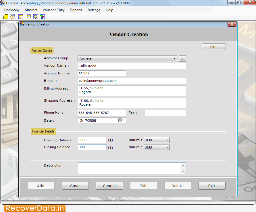 Enter Vendor Details Accounting Software(Standard Edition) Screenshots
