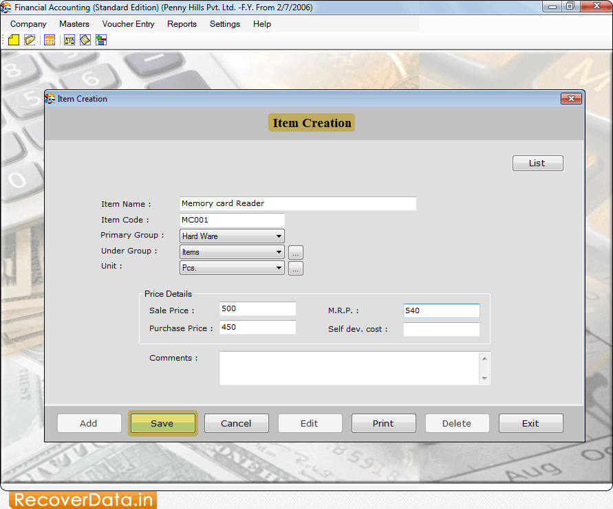 Create and Save Item Records Accounting Software(Standard Edition) Screenshots