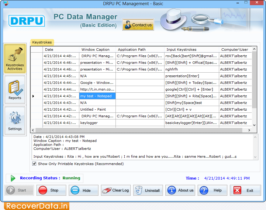 Monitor Keystroke Activities Keylogger Software Screenshots