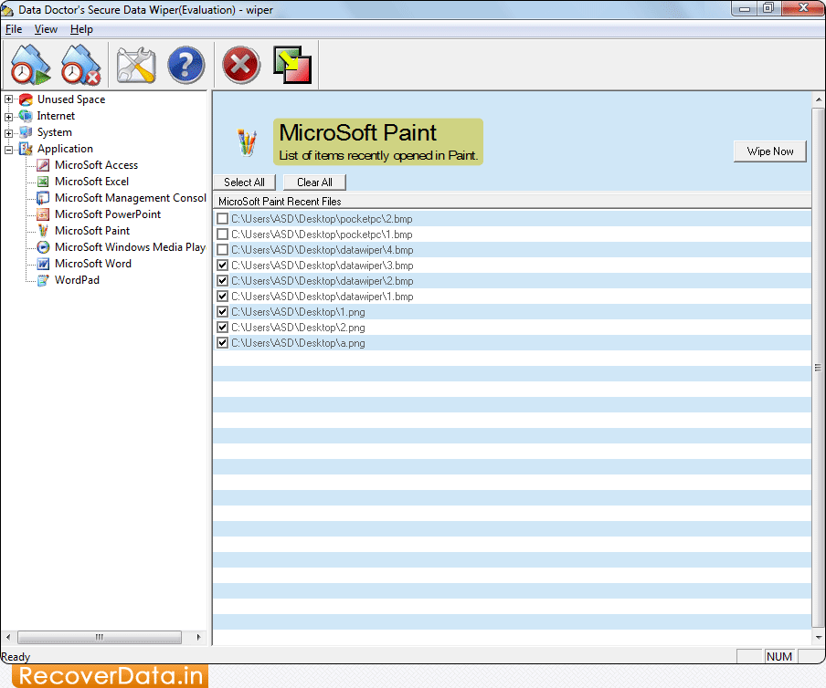 Select application for data wiping Data Wiping Utility Screenshots