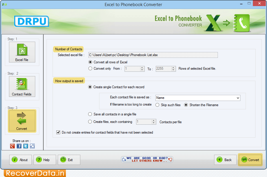 Select Number of Contacts Excel to Phonebook Converter Screenshots