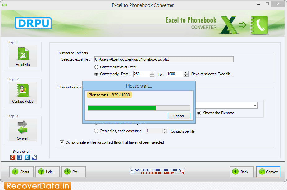 View Status of Conversion Process Excel to Phonebook Converter Screenshots