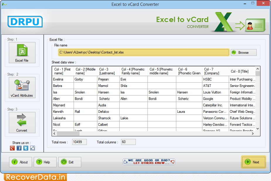 Excel to vCard Converter Screenshots