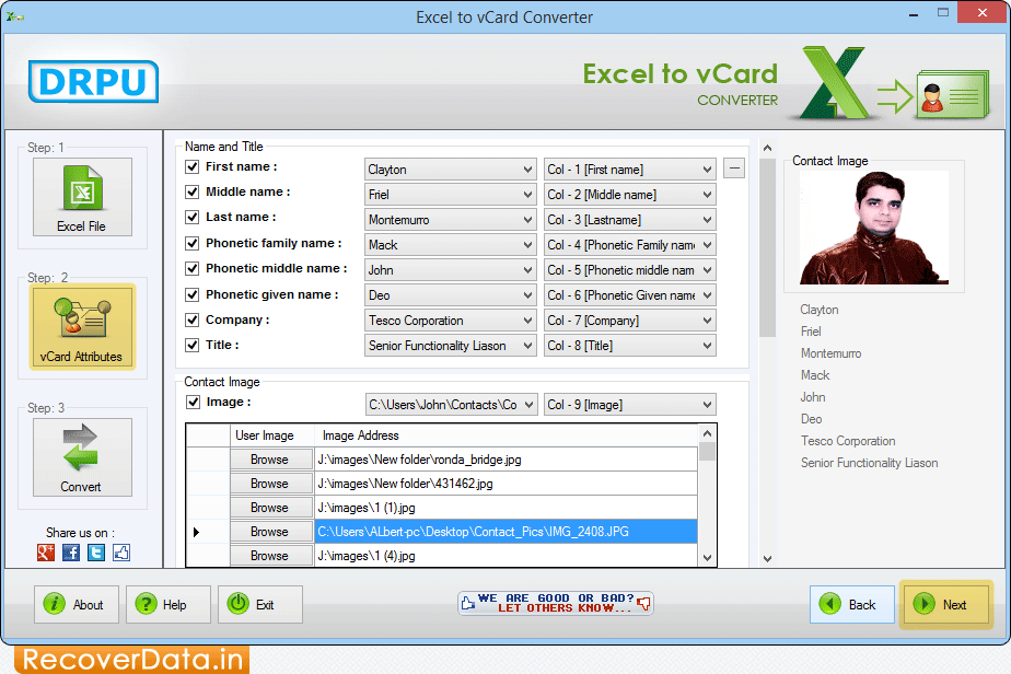 vCard Attributes Excel to vCard Converter Screenshots