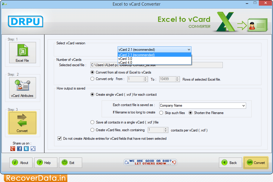 Excel to vCard Converter Screenshots
