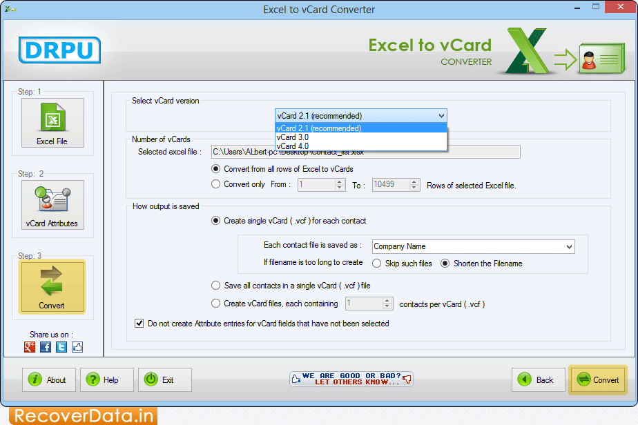 Convert Excel Contacts into vCard Excel to vCard Converter Screenshots
