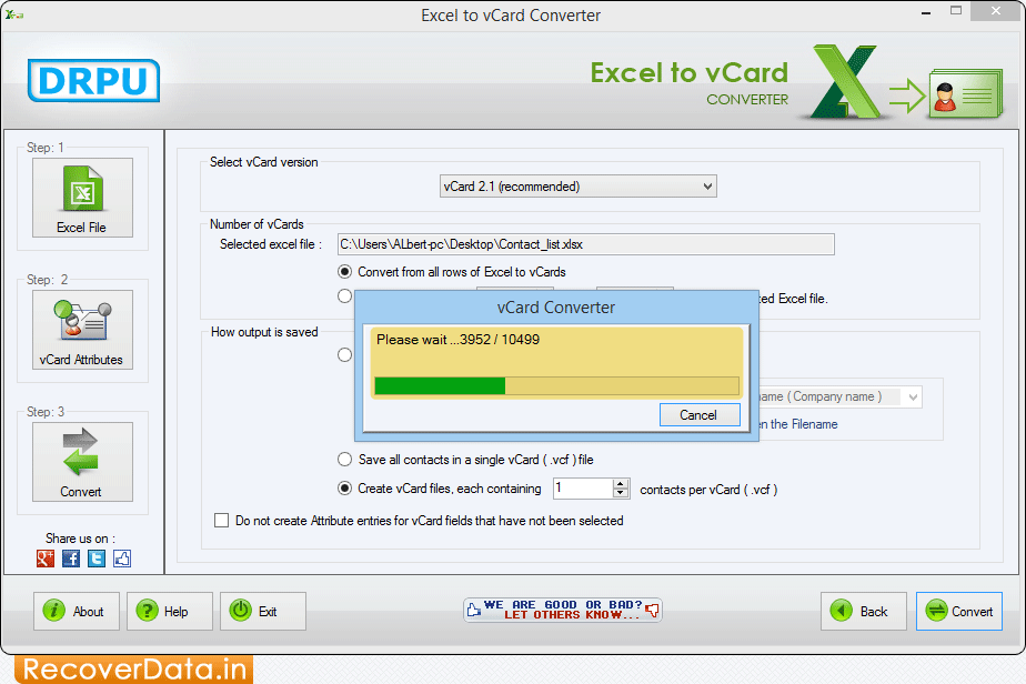 Conversion Process is in progress Excel to vCard Converter Screenshots