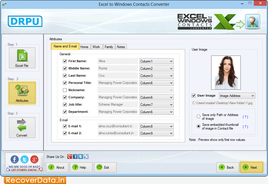 Select Attributes Excel to Windows Contacts Converter Screenshots