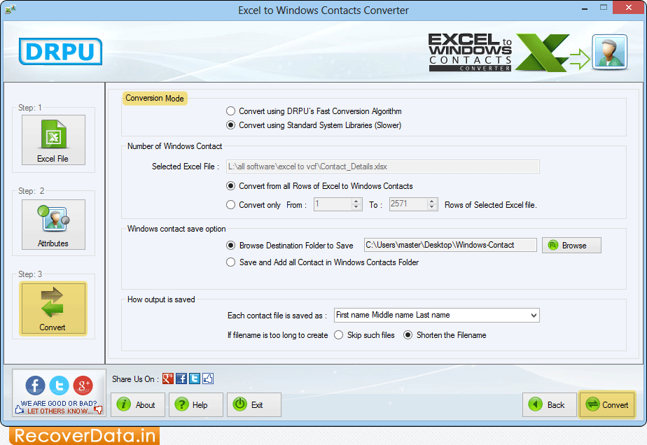 Click 'Convert' tab Excel to Windows Contacts Converter Screenshots