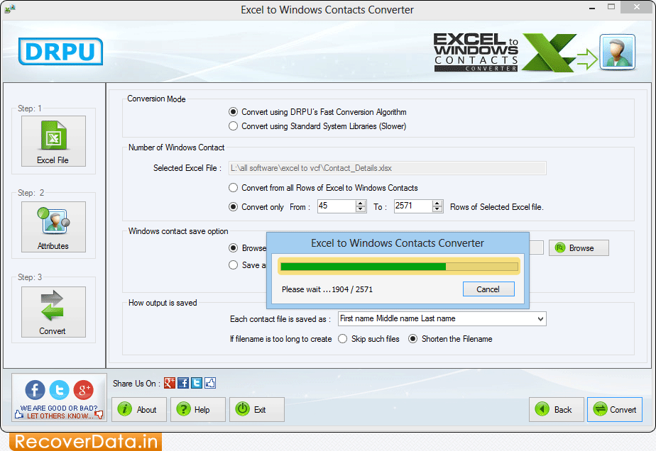 Conversion Process Excel to Windows Contacts Converter Screenshots