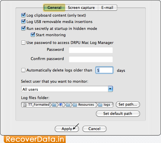 Click on 'General' tab Mac Keylogger Software Screenshots