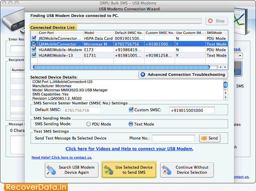 Mac Bulk SMS – USB Modems Screenshots