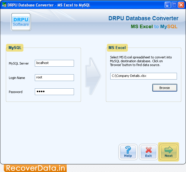 Select MS Excel spreadsheet MS Excel to MySQL Database Converter Screenshots