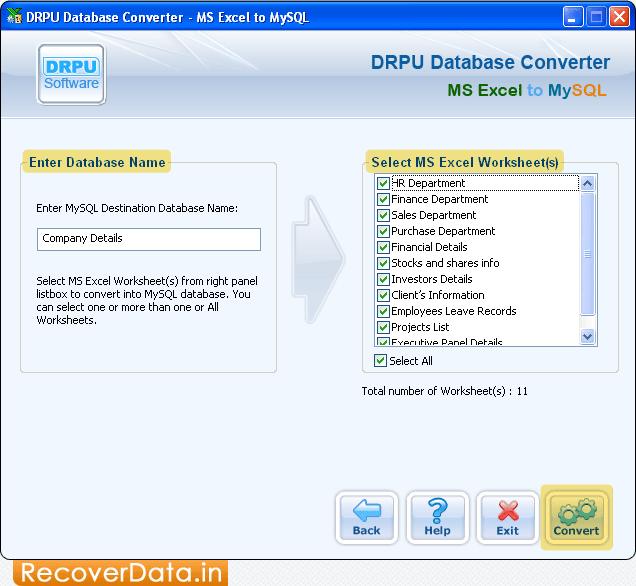 Select MS Excel Worksheet(s) MS Excel to MySQL Database Converter Screenshots