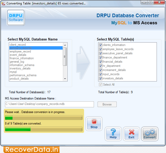 MySQL to MS Access Database Converter Screenshots