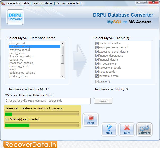 Conversion Process MySQL to MS Access Database Converter Screenshots