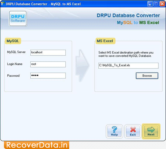 Enter all required MySQL fields MySQL to MS Excel Database Converter Screenshots