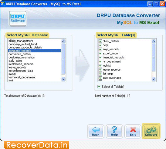 MySQL to MS Excel Database Converter Screenshots