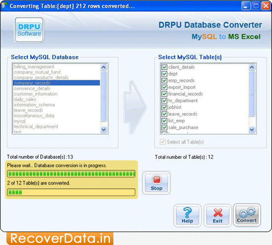 Conversion Process MySQL to MS Excel Database Converter Screenshots