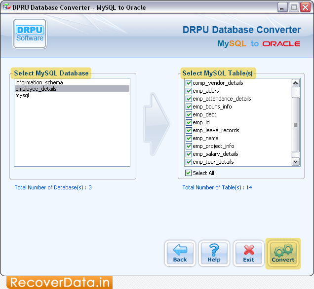 Select MySQL Table(s) MySQL to Oracle Database Converter Screenshots