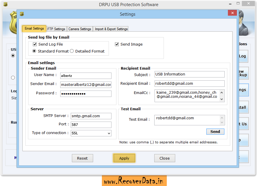 Email Settings USB Activity Monitoring Software Screenshots